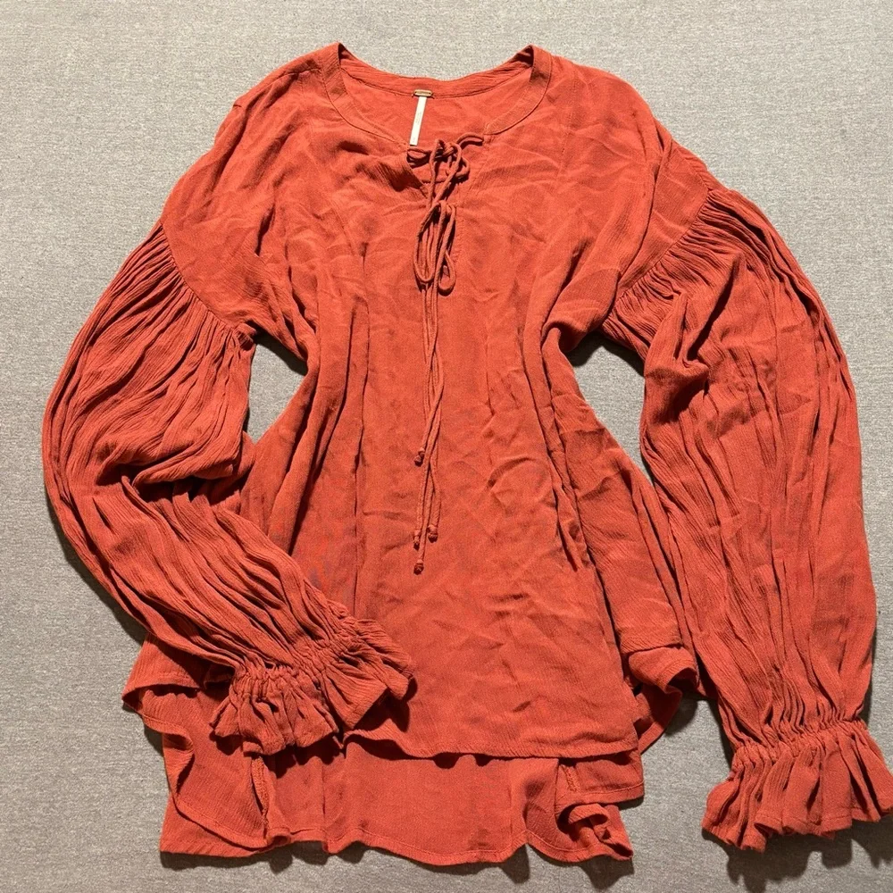 Free People Red Puff Sleeve Blouse with Tie Front